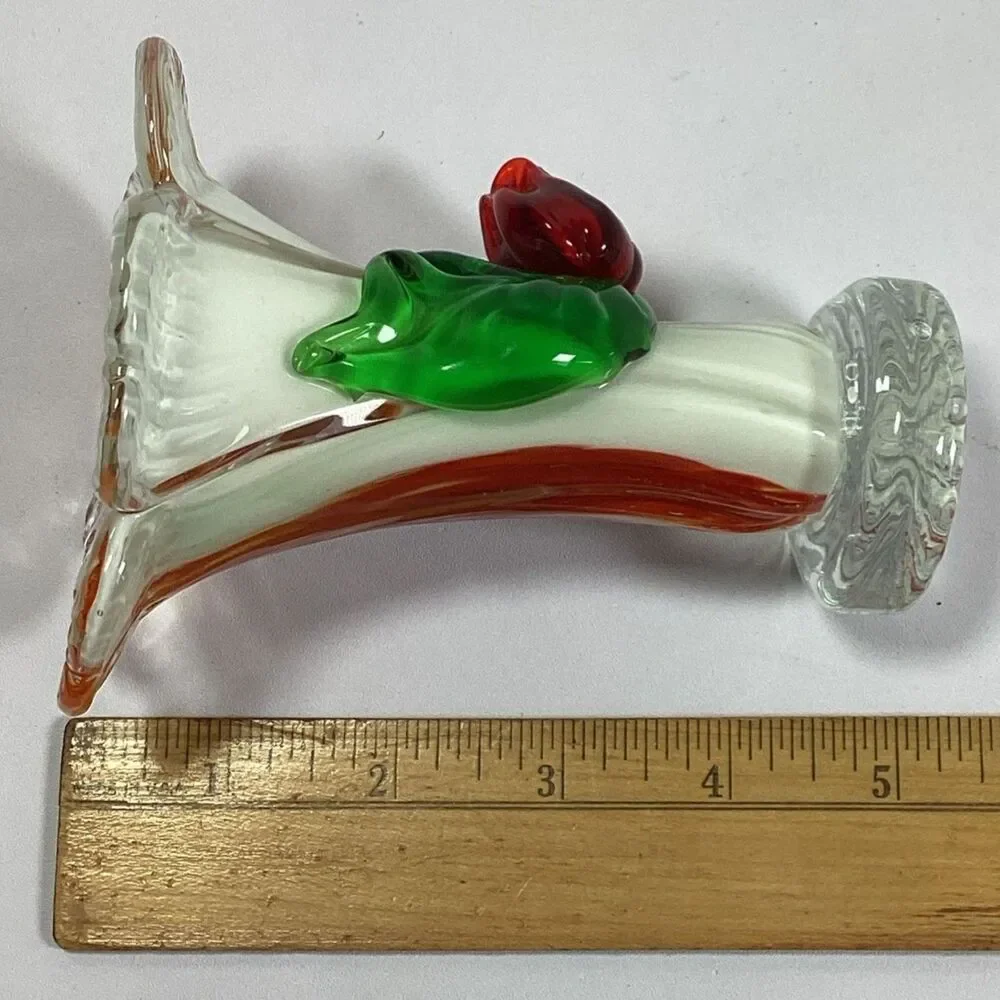 Hand Blown Art Glass Vase Orange White Swirl Ruffled MCM Decor
